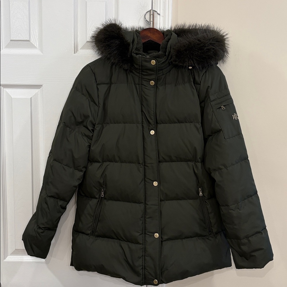 Ralph Lauren Olive Green Puffer Coat with Faux Fur Hood - Picture 6 of 12